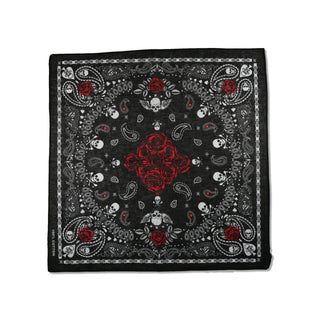 Black Skull Bandana with Red Roses Twisted Thread