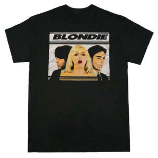 Black t-shirt with 'Blondie' band graphic on a white background
