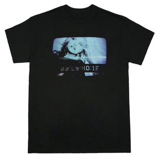Black t-shirt with a graphic design on a white background