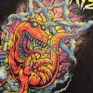 Colorful dragon-like creature smoking a cigarette with abstract smoke effects on a dark background