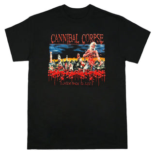 Black t-shirt with 'Cannibal Corpse' graphic design featuring a graphic of a person and text.