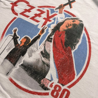 T-shirt with graphic design of a band member playing guitar and another holding a microphone, with 'Ozzfest' text.