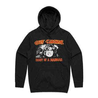 Black hoodie with graphic design and text on a white background