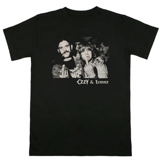 Black t-shirt with a graphic of two people making a middle finger gesture and 'Ozzy & Lemmy' text.