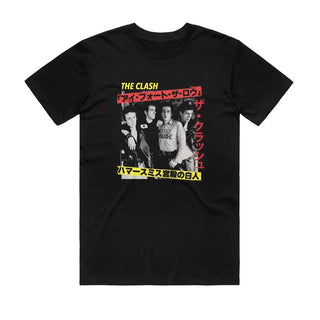 Black t-shirt with graphic design of a band and text on a white background